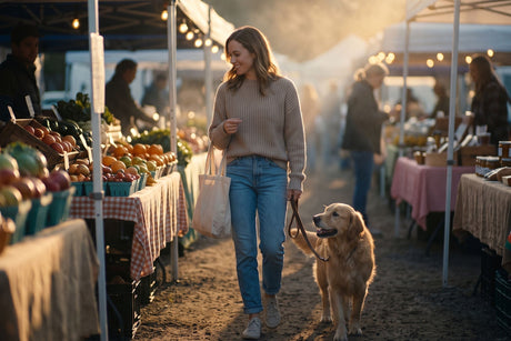 A woman and her dog browsing stands at the farmers market