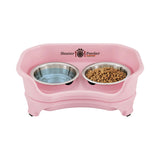 A pink Neater Feeder Express with water on one side and food on the other. 