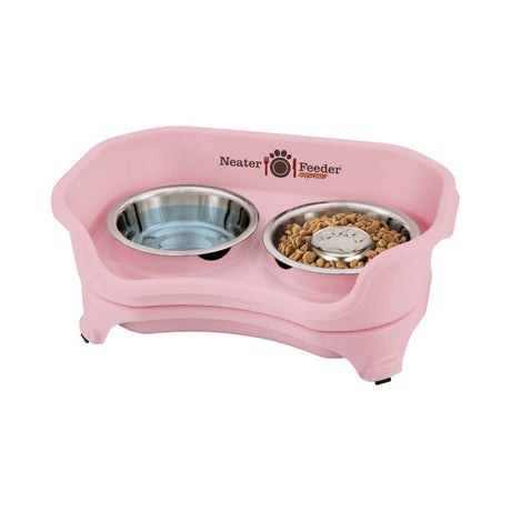 Pink cat to small dog EXPRESS Neater Feeder with Stainless Steel Slow Feed Bowl and a regular water bowl against a white background.