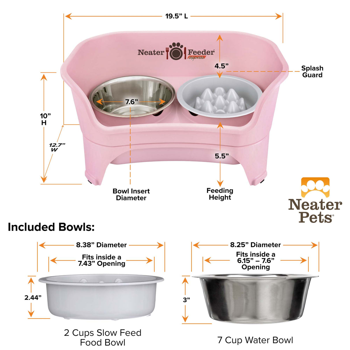 Dimensions of the cappuccino medium to large EXPRESS Neater Feeder, The Niner Slow Feed Bowl, and the seven cup water bowl