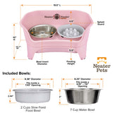Dimensions of the cappuccino medium to large EXPRESS Neater Feeder, The Niner Slow Feed Bowl, and the seven cup water bowl
