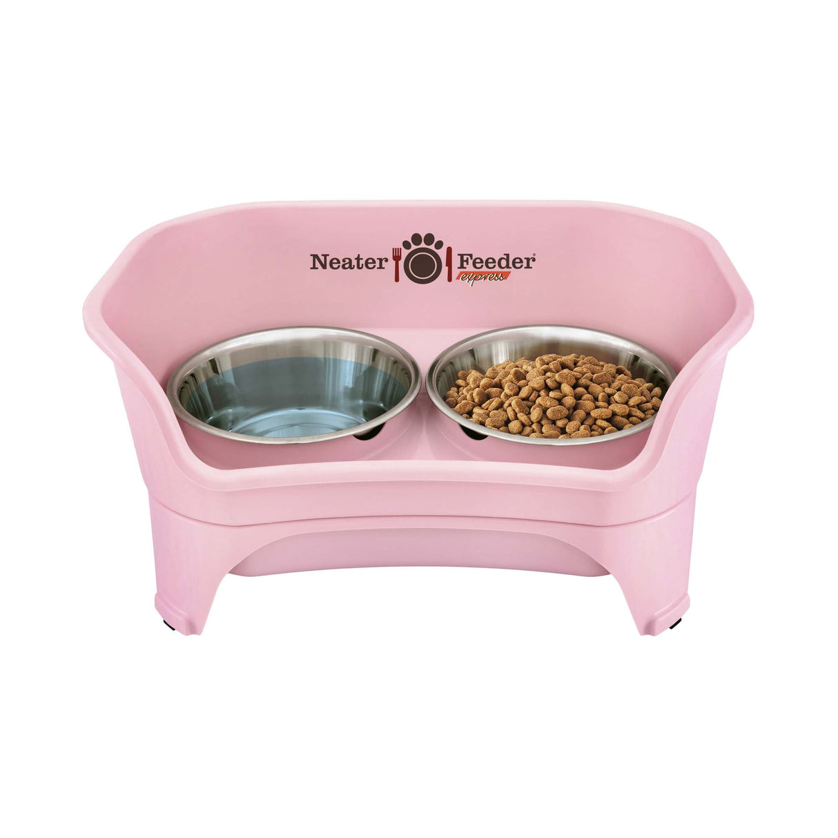A pink Neater Feeder Express with water on one side and food on the other. 