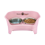 A pink Neater Feeder Express with water on one side and food on the other. 