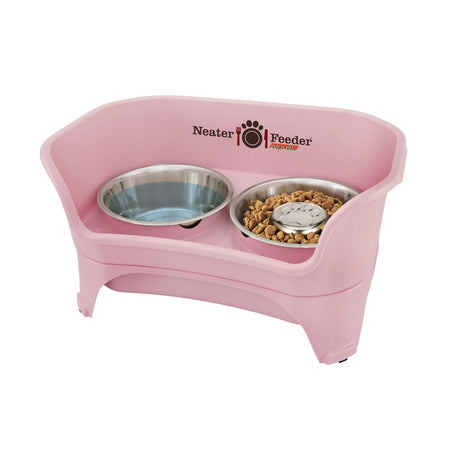 Pink medium to large dog EXPRESS Neater Feeder with Stainless Steel Slow Feed Bowl and a regular water bowl against a white background.