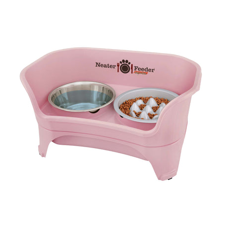 Pink medium to large EXPRESS Neater Feeder with The Niner Slow Feed Bowl and stainless steel water bowl against a white background.