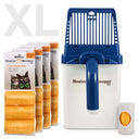 Neater Scooper XL Midnight Blue with 195 Bags and bag dispenser on a white background. 