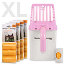 Neater Scooper XL Pink with 195 Bags and bag dispenser on a white background. 