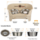 Dimensions of medium to large Almond EXPRESS Neater Feeder, 3 cup Stainless Steel Slow Feed Bowl, and 7 cup water bowl