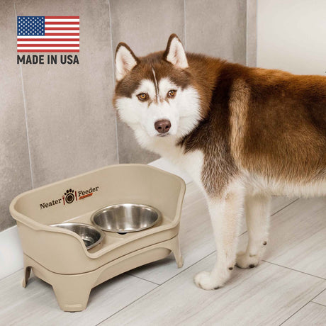 Husky eating from Almond Express that is Made in the USA