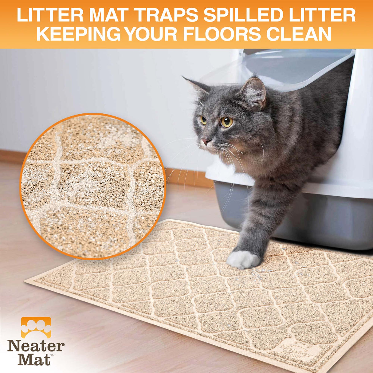 Cat exiting a litter box and stepping on a Neater Mat Litter Mat which traps the litter on their paws.