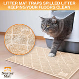 Cat exiting a litter box and stepping on a Neater Mat Litter Mat which traps the litter on their paws.