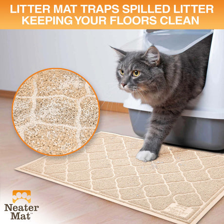 Cat exiting a litter box and stepping on a Neater Mat Litter Mat which traps the litter on their paws.