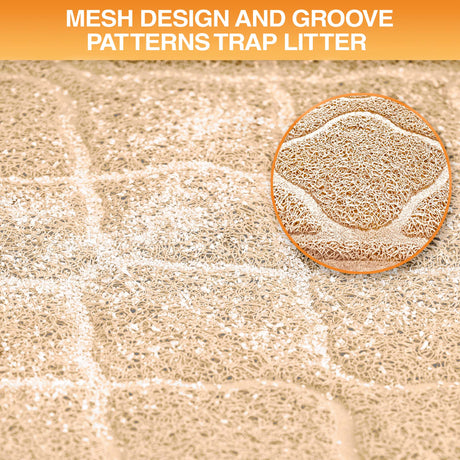Textured surface with mesh design and groove patterns, showing litter trapping mechanism.