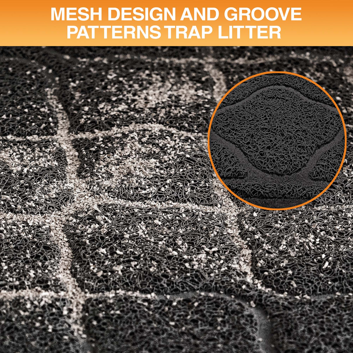 Textured surface with mesh design and groove patterns, showing litter trapping mechanism.