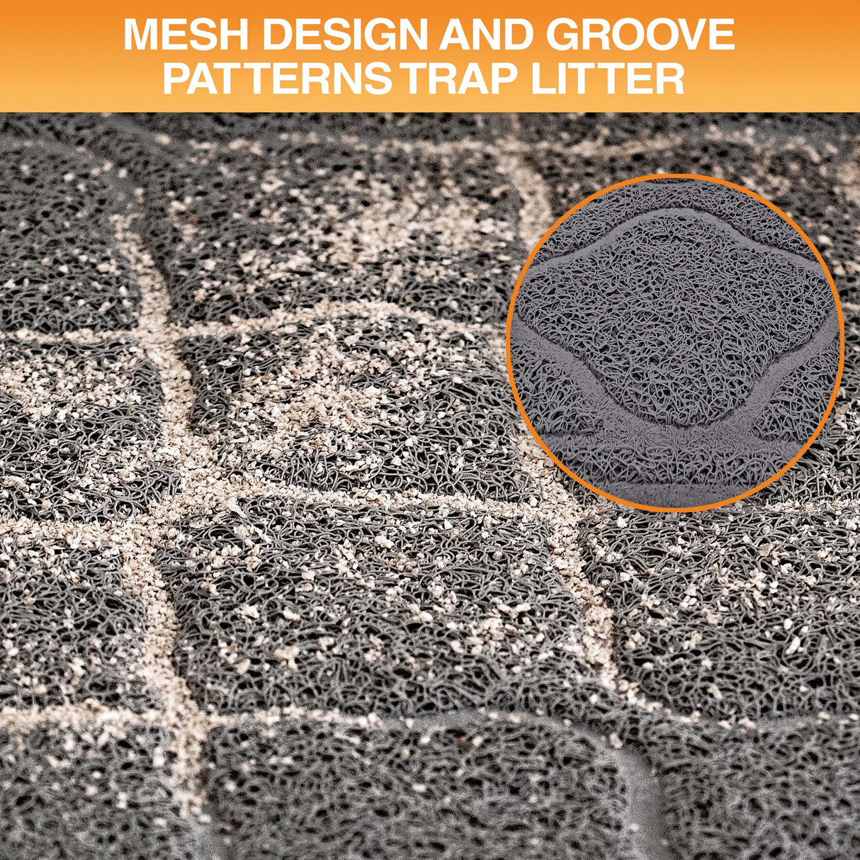 Textured surface with mesh design and groove patterns, showing litter trapping mechanism.