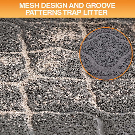 Textured surface with mesh design and groove patterns, showing litter trapping mechanism.