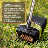 Lift N’ Bag pooper scooper with pole in grass, highlighting compact lightweight design, one-hand use, multi-pile pickup, and easy hose cleaning.