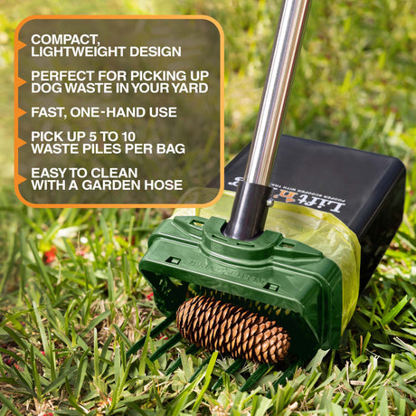 Lift N’ Bag pooper scooper with pole in grass, highlighting compact lightweight design, one-hand use, multi-pile pickup, and easy hose cleaning.