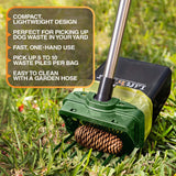 Lift N’ Bag pooper scooper with pole in grass, highlighting compact lightweight design, one-hand use, multi-pile pickup, and easy hose cleaning.