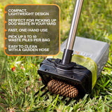 Lift N’ Bag pooper scooper with pole in grass, highlighting compact lightweight design, one-hand use, multi-pile pickup, and easy hose cleaning.