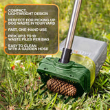 Lift N’ Bag pooper scooper with pole in grass, highlighting compact lightweight design, one-hand use, multi-pile pickup, and easy hose cleaning.
