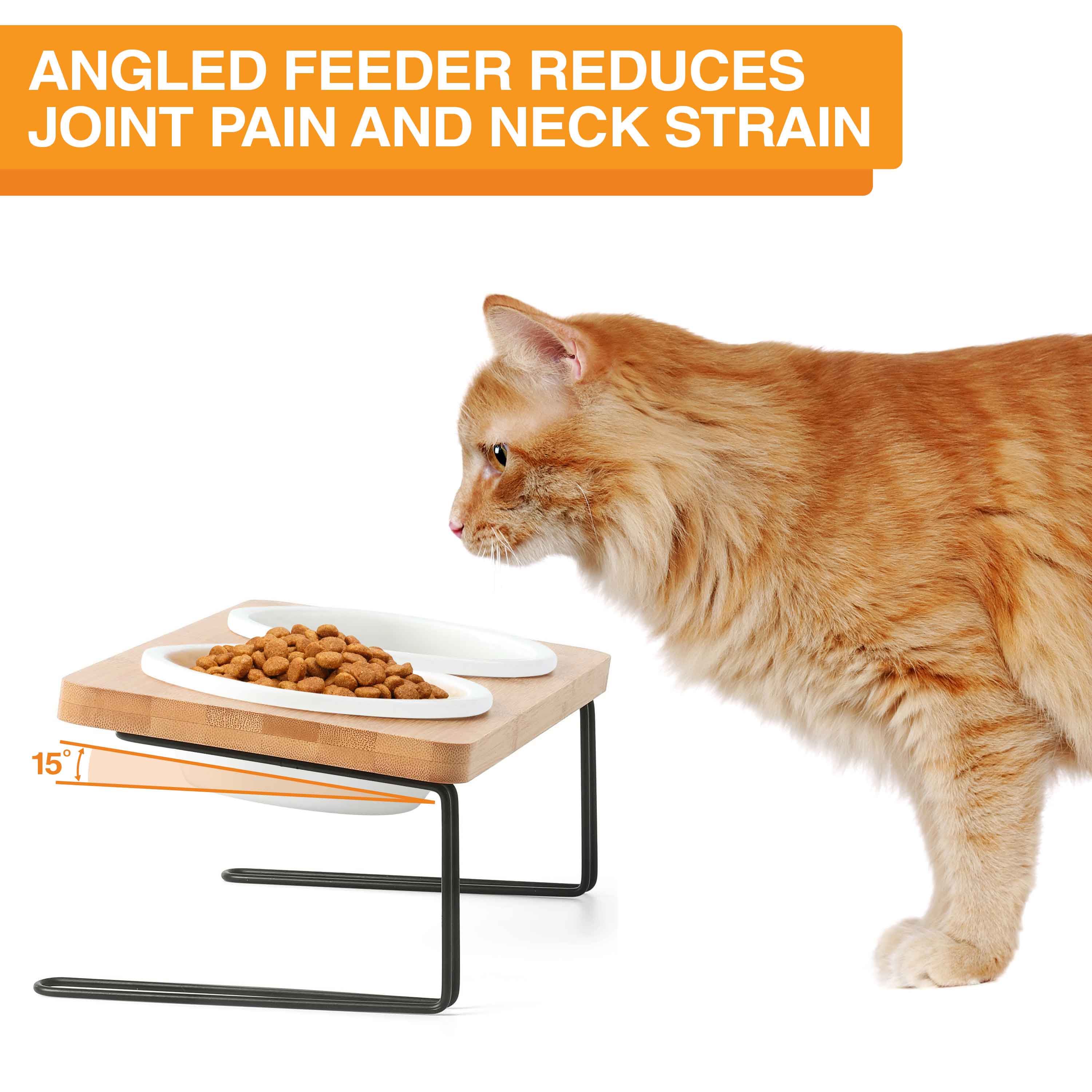 Angled Wooden Pet Feeder with Ceramic or Stainless Steel Bowls