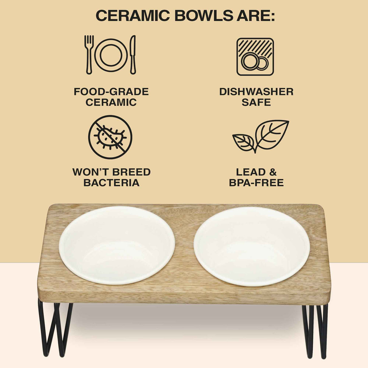 Image explaining benefits of using ceramic bowls - food grade, dishwasher safe, won't breed bacteria, and BPA and lead free