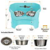dimensions of the Aquamarine large DELUXE Neater Feeder with Stainless Steel Slow Feed Bowl