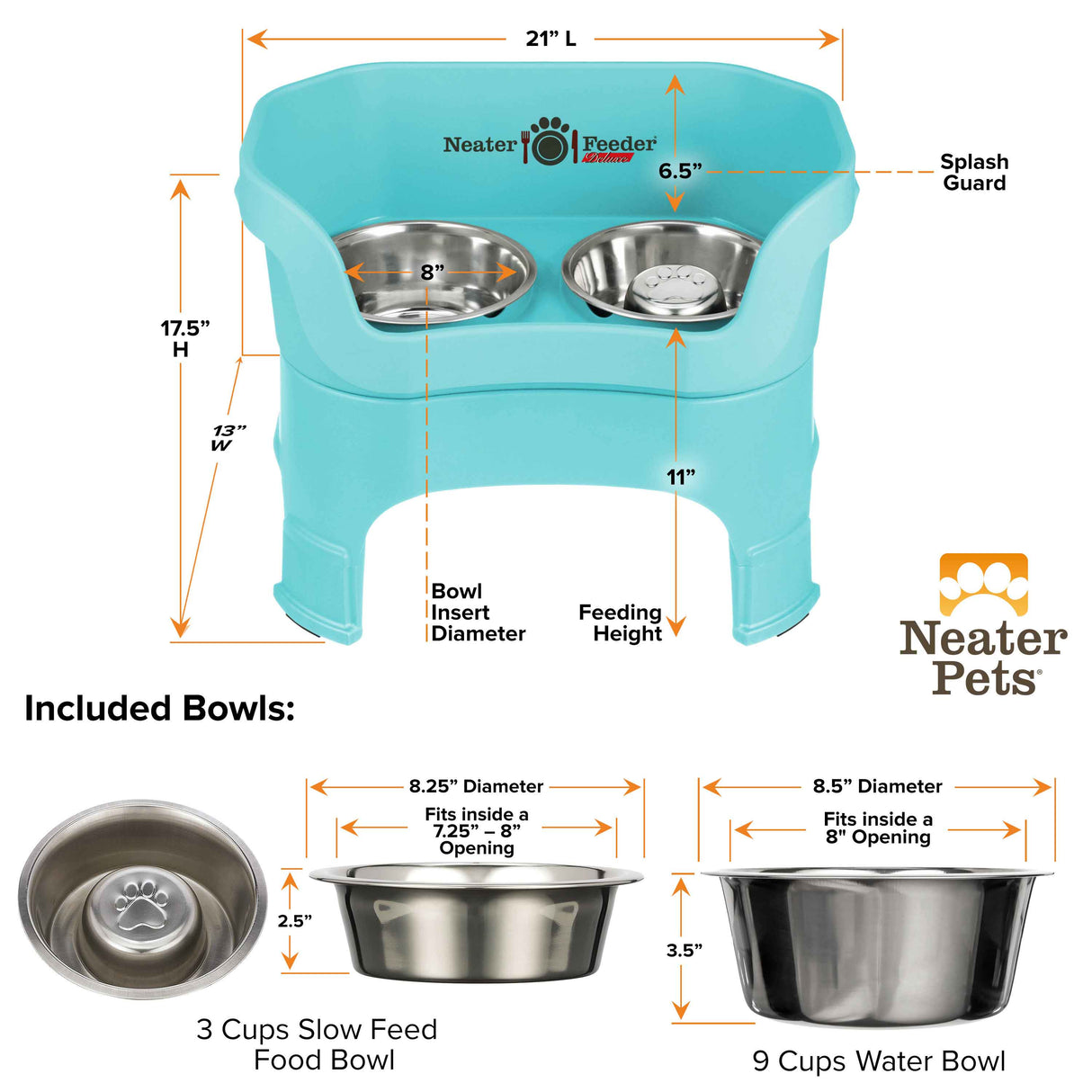 dimensions of aquamarine large DELUXE Neater Feeder with Stainless Steel Slow Feed Bowl with leg extensions