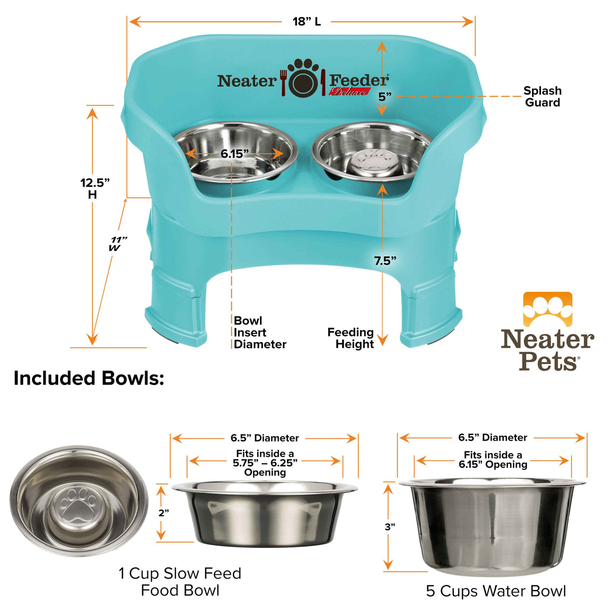 Dimensions of Aquamarine medium DELUXE Neater Feeder with Stainless Steel Slow Feed Bowl with leg extensions