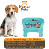 Information chart of Aquamarine medium DELUXE Neater Feeder with Stainless Steel Slow Feed Bowl with leg extensions