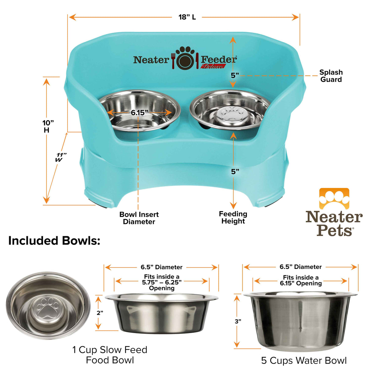 Aquamarine medium DELUXE Neater Feeder with Stainless Steel Slow Feed Bowl dimensions