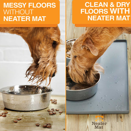 Pictures showing a messy floor without the Neater Mat vs a clean flood with the Neater Mat