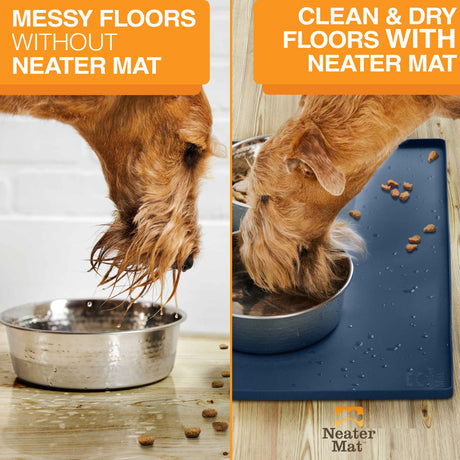 Pictures showing a messy floor without the Neater Mat vs a clean flood with the Neater Mat