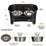 Dimensions of medium to large Black EXPRESS Neater Feeder, 3 cup Stainless Steel Slow Feed Bowl, and 7 cup water bowl