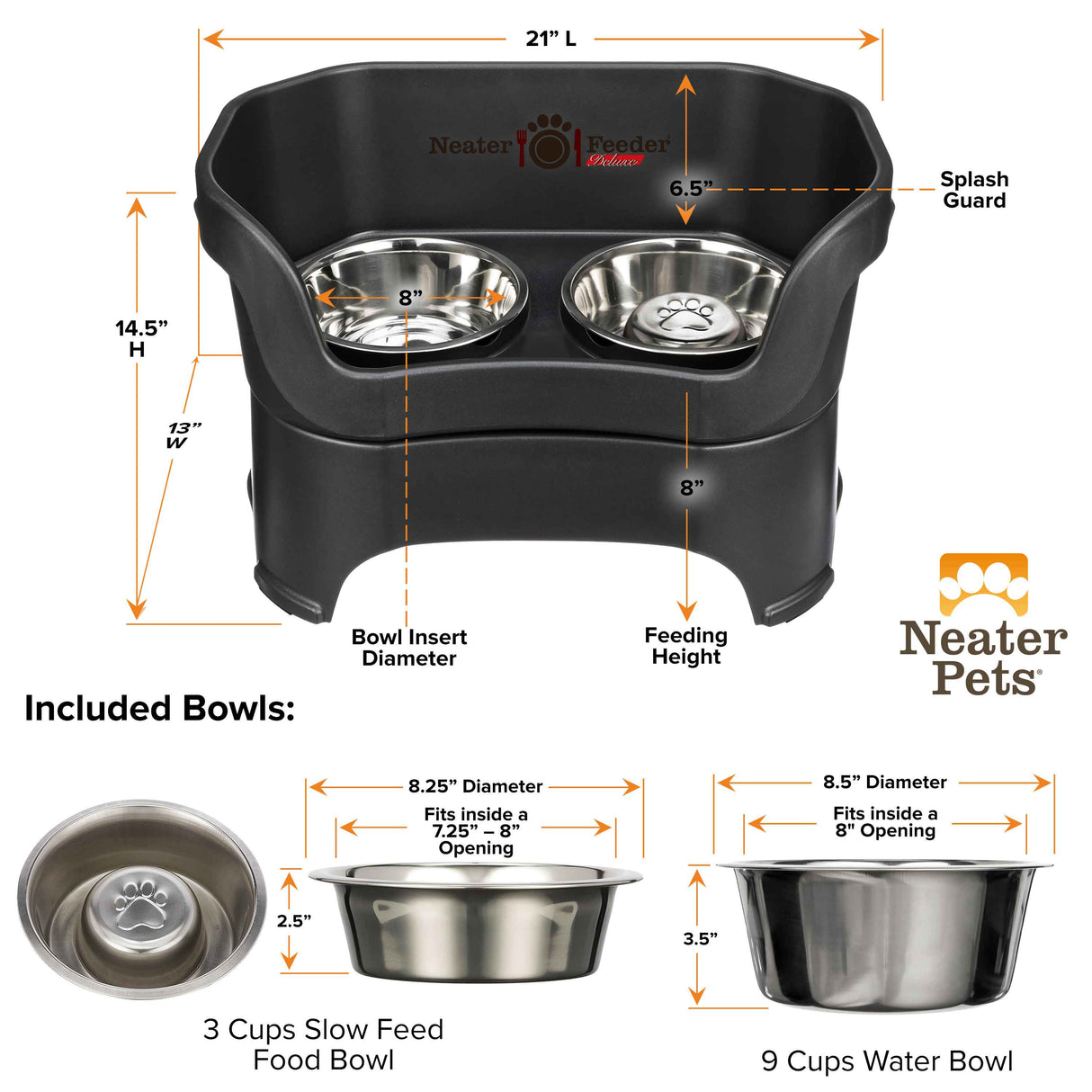 dimensions of the Midnight Black large DELUXE Neater Feeder with Stainless Steel Slow Feed Bowl