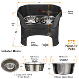 dimensions of Midnight Black large DELUXE Neater Feeder with Stainless Steel Slow Feed Bowl with leg extensions