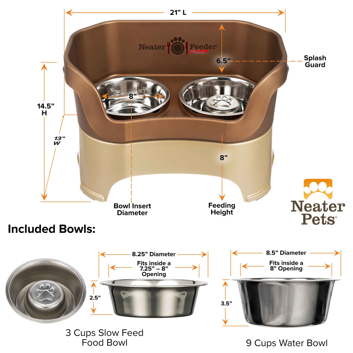 dimensions of the Bronze large DELUXE Neater Feeder with Stainless Steel Slow Feed Bowl