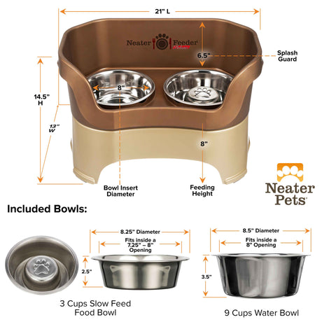 dimensions of the Bronze large DELUXE Neater Feeder with Stainless Steel Slow Feed Bowl