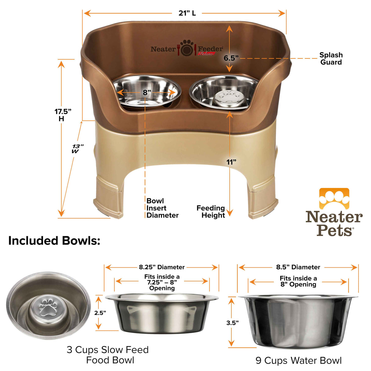 dimensions of Bronze large DELUXE Neater Feeder with Stainless Steel Slow Feed Bowl with leg extensions