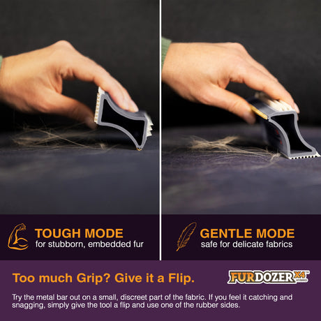 A split-screen demonstration of the FurDozer pet hair remover in two modes: 'Tough Mode' on the left and 'Gentle Mode' on the right. A human hand is shown holding the tool, demonstrating its grip on embedded fur on the left and its gentler interaction with delicate fabric on the right.
