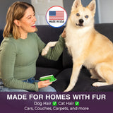 A woman sitting on a dark couch pets a fluffy cream-colored dog while holding a FurDozer pet hair remover. A circular badge says 'Made in USA' and text at the bottom reads 'Made for Homes with Fur' with checkmarks for dog hair, cat hair, cars, couches, and carpets.