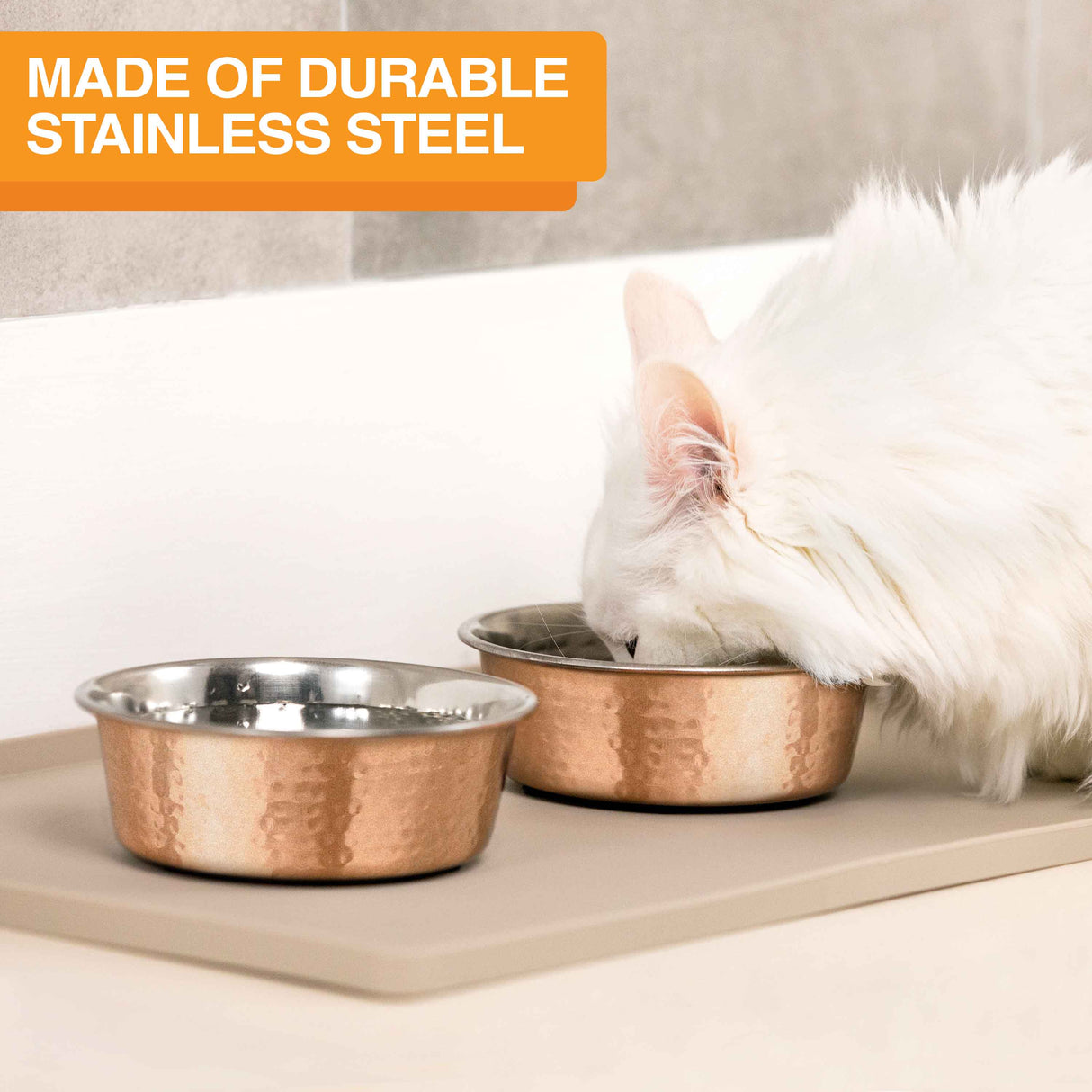 The Hammered Copper Finish Bowl and a cat eating from the bowl - made of durable stainless steel