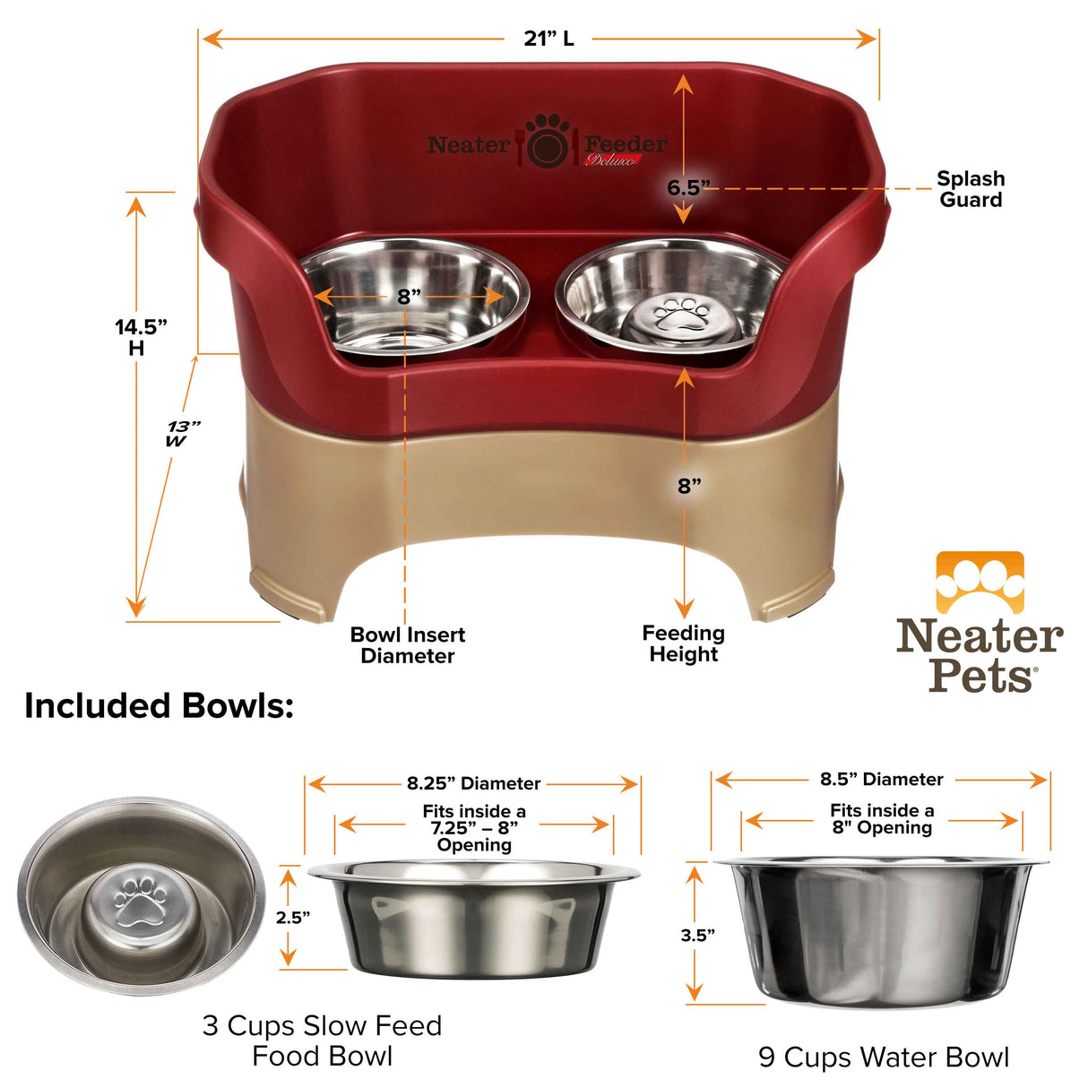 dimensions of the Cranberry large DELUXE Neater Feeder with Stainless Steel Slow Feed Bowl
