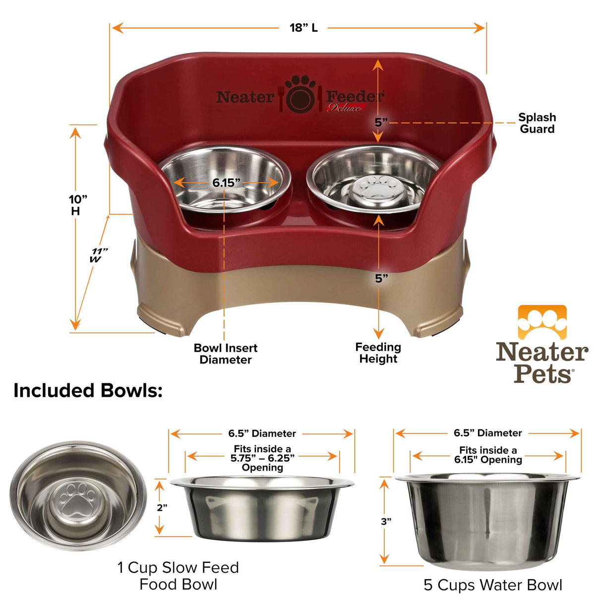 Cranberry medium DELUXE Neater Feeder with Stainless Steel Slow Feed Bowl dimensions