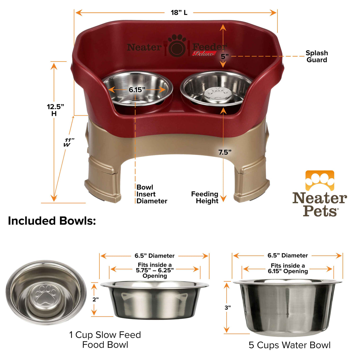 Dimensions of Cranberry medium DELUXE Neater Feeder with Stainless Steel Slow Feed Bowl with leg extensions