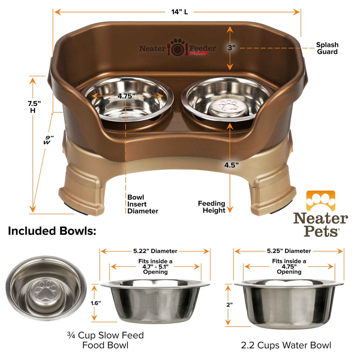 Bronze SMALL DELUXE LE Neater Feeder with Stainless Steel Slow Feed Bowl dimensions