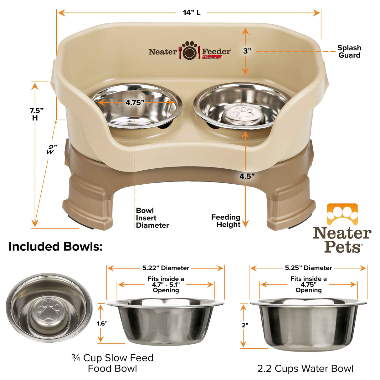 Cappuccino SMALL DELUXE LE Neater Feeder with Stainless Steel Slow Feed Bowl dimensions