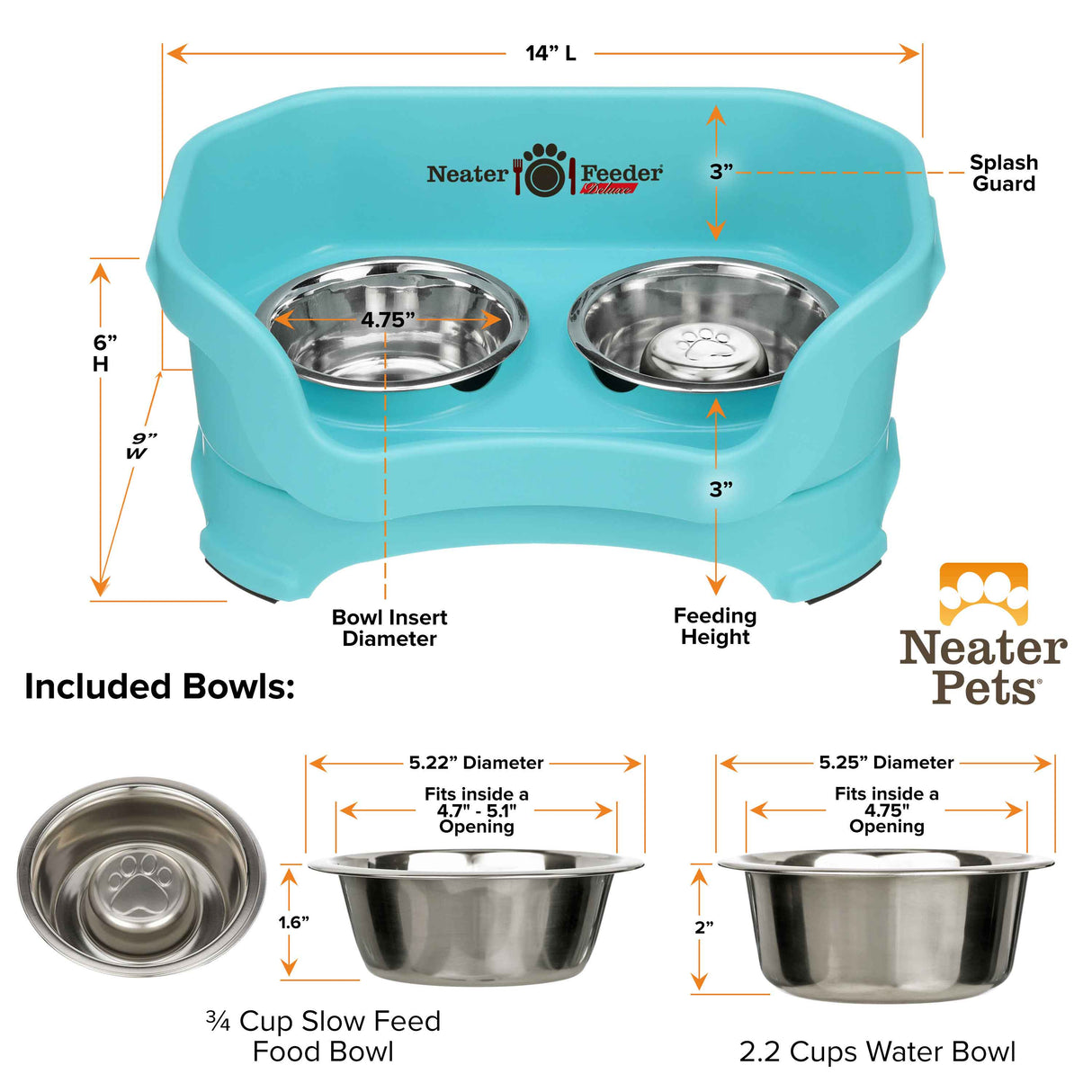 Aquamarine SMALL DELUXE Neater Feeder with Stainless Steel Slow Feed Bowl dimensions