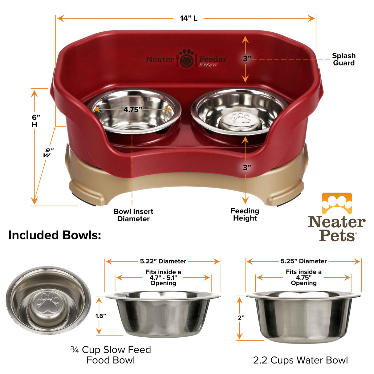 Cranberry SMALL DELUXE Neater Feeder with Stainless Steel Slow Feed Bowl dimensions